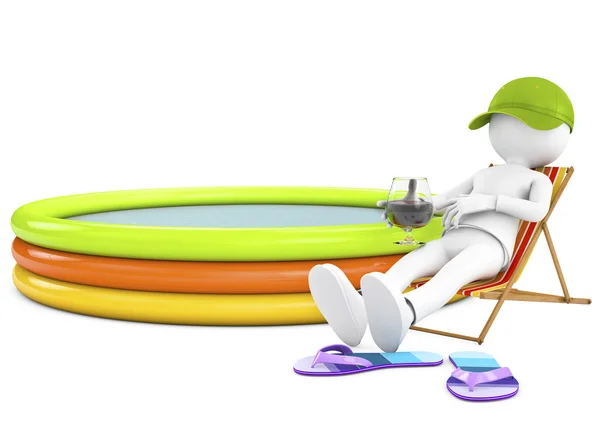 3d white person sunbathing on a lounger with a refreshing drink. — Stock Photo, Image