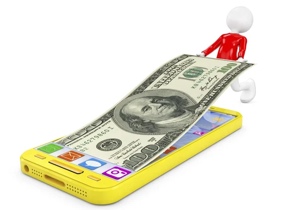 Homem e dinheiro em amarelo telefone móvel em um fundo branco — Fotografia de Stock