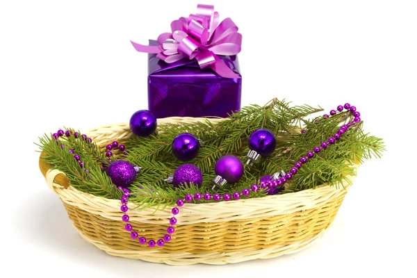 New Year's gift with a fur-tree in a basket — Stock Photo, Image