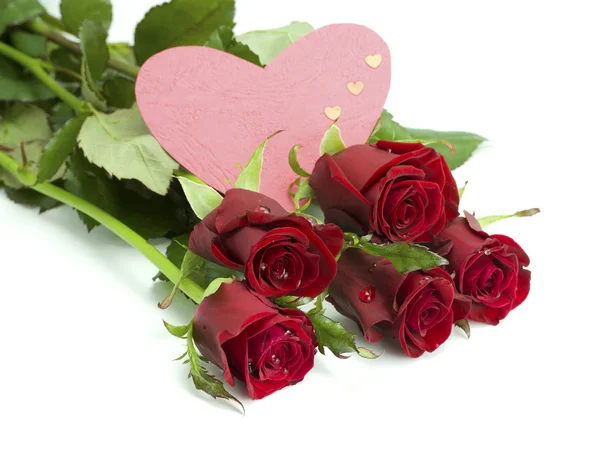 Bouquet of roses and card heart — Stock Photo, Image