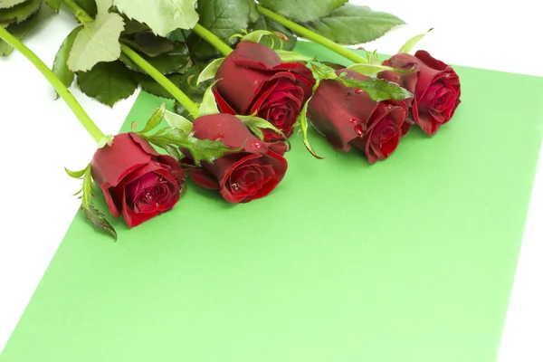 Ramo de rosas con rocío en un sobre verde — Foto de Stock