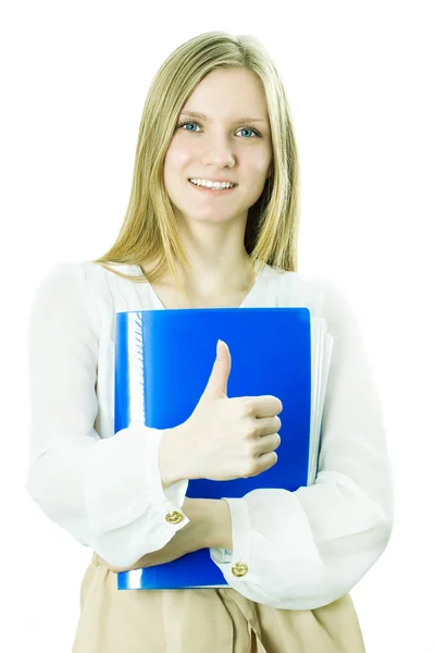 Business damen rymmer den blå mappen i hand — Stockfoto