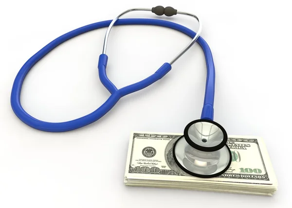 Fonendoscopio médico azul y paquete de dólares — Foto de Stock