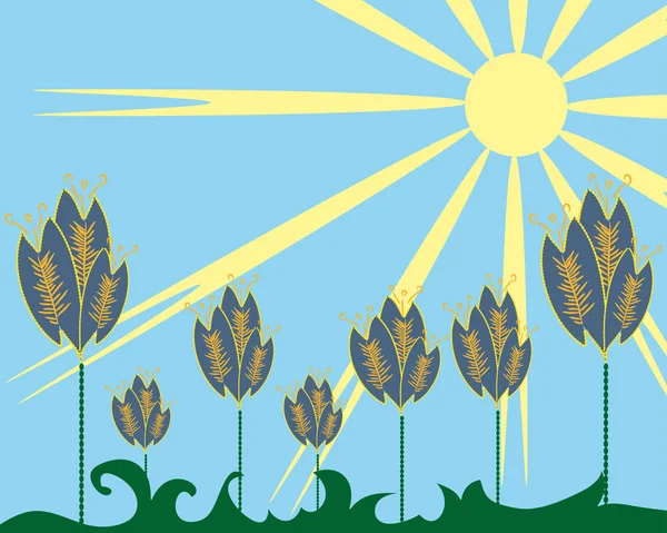 行の抽象的な太陽の下で緑の草の花 — ストックベクタ