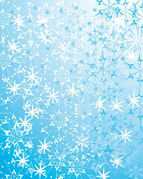 Hermoso fondo azul invierno con varios copos de nieve — Vector de stock