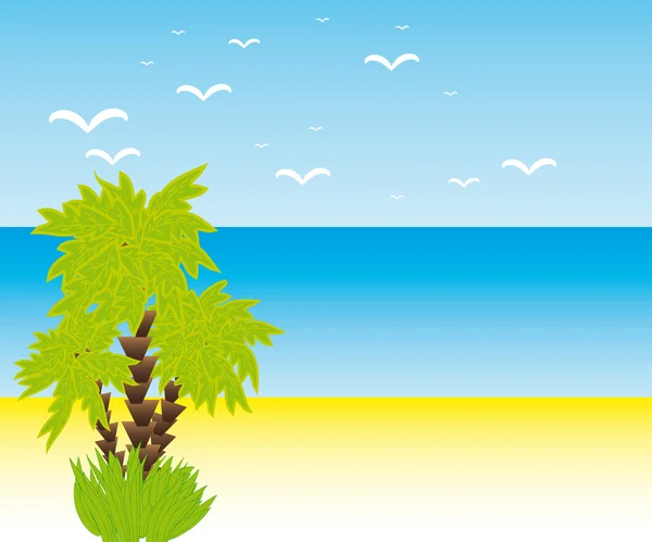 Tři dlaň, stromy, pláž a moře. — Stockový vektor