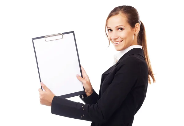 Glad ung affärskvinna hålla blankt papper på Urklipp — Stockfoto