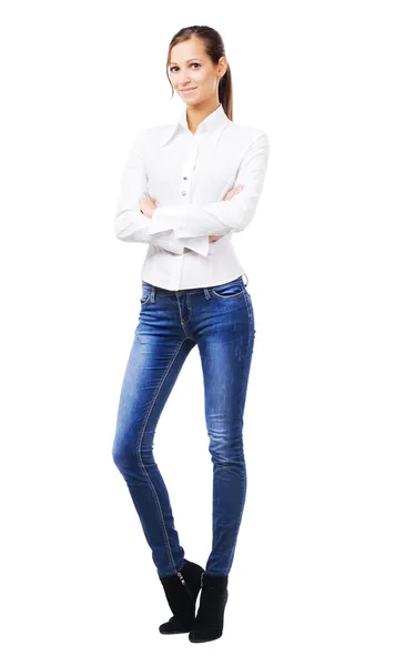 beyaz gömlek ve mavi jeans güzel kadını