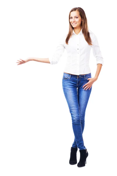 Lovely woman holding something imaginary — Stock Photo, Image