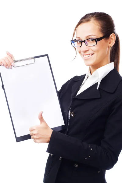 Young businesswoman with clipboard showing thumb up — Stock Photo, Image