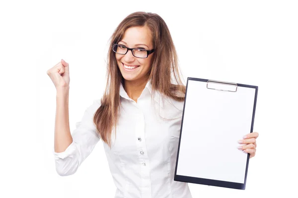 Lovely cheerful businesswoman with clipboard — Stock Photo, Image