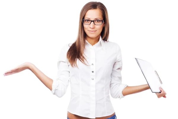 Lovely confused businesswoman with clipboard — Stock Photo, Image