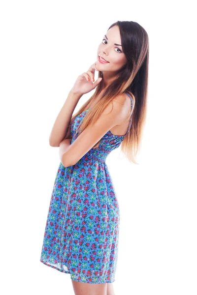 Woman in blue sundress — Stock Photo, Image