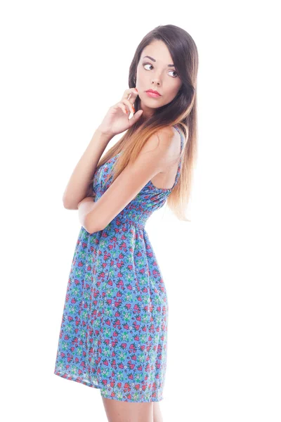 Mulher descontente em azul sundress — Fotografia de Stock