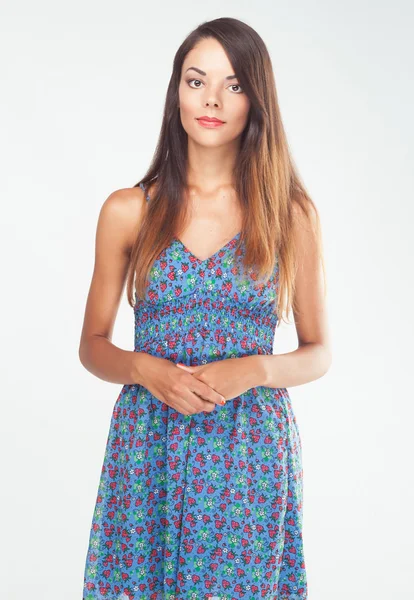 Woman in blue sundress — Stock Photo, Image