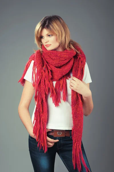 Woman in big pink scarf — Stock Photo, Image