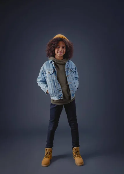 Lovely Stylish Teenage Girl Denim Jacket Dark Background — Stock Photo, Image