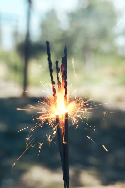 Beautiful Sparklers Outdoor Sunset Light Blurred Background — Stock Photo, Image