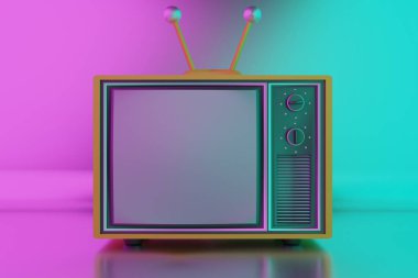 Beautiful 3D yellow Retro Old Television on pink background, Vintage analog TV with copy space. 3d render illustration. Background pattern for design.
