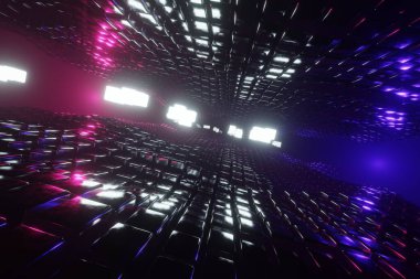 Metal küplerin ya da uzay istasyonunun soyut geometrik arkaplan bilim kurgu yapımı, mavi sarı neon ışıklı. 3D tasvir. Tasarım için arkaplan deseni.