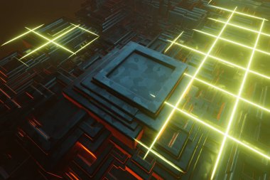 Mikroçipli bir devre kartında bilgisayar işlemci çipi. Al. Devre kartı. Teknoloji geçmişi. Merkezi Bilgisayar İşlemcileri. Anakart dijital çip. 3D tasvir. Tasarım için arkaplan deseni.