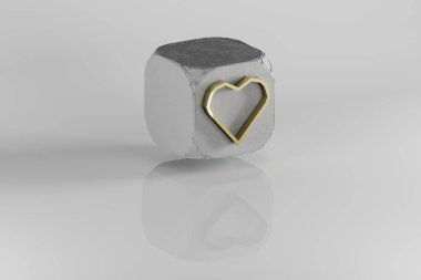 Kalp ikonu. Taş küpte sarı altın kalp sembolü ve beyaz arka plan. 3D tasvir. Tasarım için arkaplan deseni.