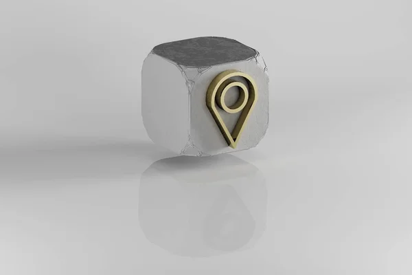 Значок Местоположения Желтый Символ Золотого Местоположения Каменном Кубе Белом Фоне — стоковое фото