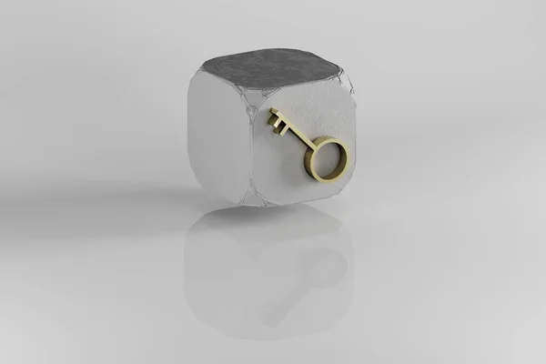 Значок Ключа Желтый Символ Золотой Ключ Каменном Кубе Белом Фоне — стоковое фото