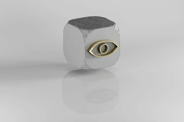 Значок Глаза Желтый Символ Золотого Глаза Каменном Кубе Белом Фоне — стоковое фото