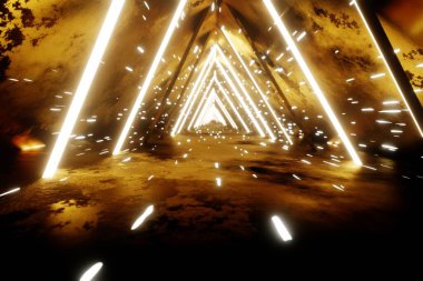 Sonsuz aydınlık tünelde uçmak. Parlak neon altıgenli inşaat. Hiperdöngü. 3D tasvir. Tasarım için arkaplan deseni.