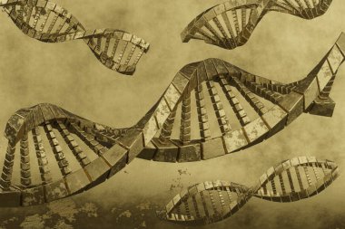 Altın arka plan, tıbbi, bilim, genetik biyoteknoloji, gen hücre konsepti üzerinde altın DNA molekülü kompleks spiral yapısı. 3D tasvir. Tasarım için arkaplan deseni.