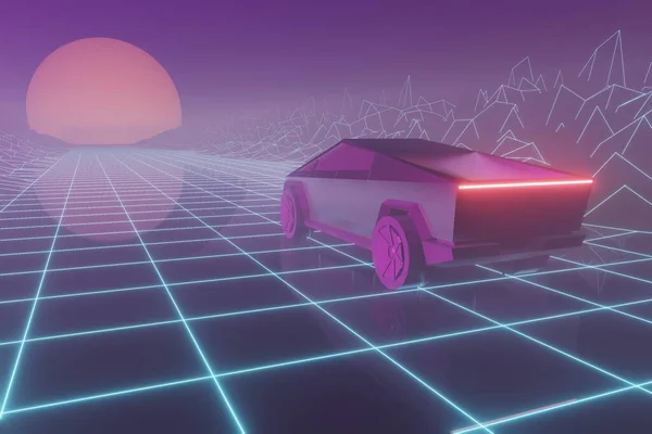 Synthwave Wireframe 80S Retro Pozadí Retrowave Horizont Krajina Neonovými Světly — Stock fotografie