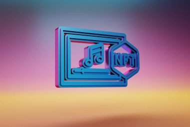 NFT müzik ikonu. Çok renkli arka planda güzel mavi NFT müzik simgeleri. 3D tasvir. Tasarım için arkaplan deseni.