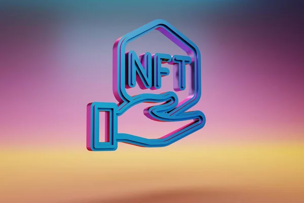 Иконка Nft Hand Символ Nft Синий Разноцветном Ярком Фоне Визуализация Лицензионные Стоковые Фото