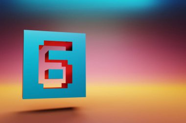 Piksel numarası 6. Çok renkli arka planda güzel Mavi Altı simgesi. 3D tasvir. Tasarım için arkaplan deseni.