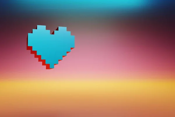 Pixel icon hearts. Beautiful Blue hearts icons symbol on multicolor bright background. 3d rendering illustration. Background pattern for design.