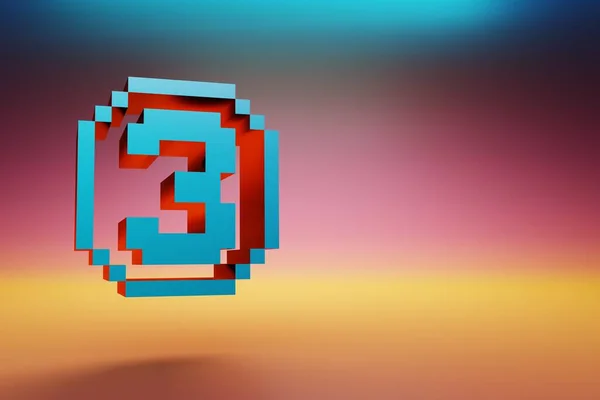 Pixel Número Hermoso Símbolo Tres Iconos Azules Sobre Fondo Brillante — Foto de Stock