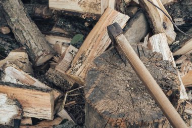 Balta tahtanın üzerinde duruyor. Yakacak odun kesme. Kış için yakacak odun hazırlıyorum. Tahta saplı demir balta.
