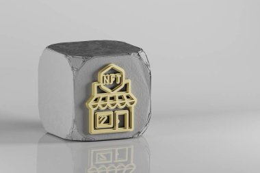 NFT mağaza simgesi. Beton küpü ve seramik zemin üzerindeki güzel Altın NFT sembolleri. 3D tasvir. Tasarım için arkaplan deseni.