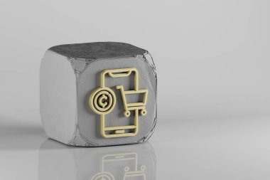 Kripto para ödeme ikonu. Beton küpte ve beyaz seramik zeminde güzel altın kripto para simgesi simgeleri. 3D tasvir. Tasarım için arkaplan deseni.