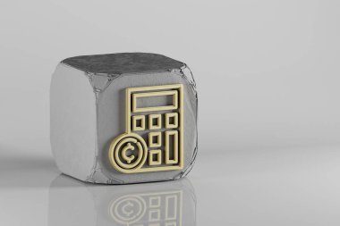 Kripto para birimi hesap makinesi simgesi. Beton küpte ve beyaz seramik zeminde güzel altın kripto para simgesi simgeleri. 3D tasvir. Tasarım için arkaplan deseni.