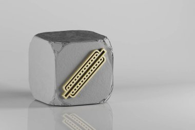 Bir Mızıka simgesi. Beton küpte ve beyaz seramik arka planda güzel altın müzik simgeleri. 3D tasvir. Tasarım için arkaplan deseni.