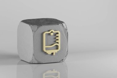 Damar içi torba ikonu. Beton küpte ve beyaz seramik zeminde güzel altın sembol simgeleri. 3D tasvir. Tasarım için arkaplan deseni.