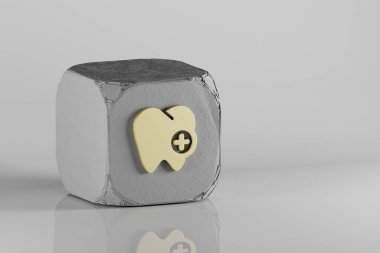 Odontoloji ikonu. Beton küpte ve beyaz seramik zeminde güzel altın sembol simgeleri. 3D tasvir. Tasarım için arkaplan deseni.