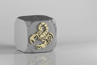 Beton küpü ve beyaz seramik zemin üzerinde Akrep sembolü simgeleri. 3D tasvir. Tasarım için arkaplan deseni.
