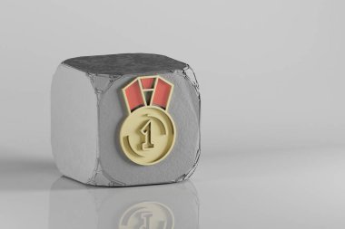 Beton küpü ve beyaz seramik zemin üzerinde güzel bir Altın 1 ilk madalya sembolü. 3D tasvir. Tasarım için arkaplan deseni.