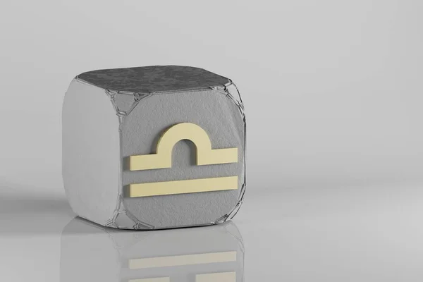Символы Символа Весы Бетонном Кубе Белом Керамическом Фоне Визуализация Иллюстрации — стоковое фото