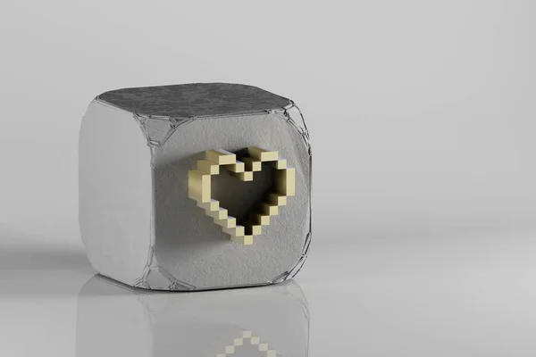 Beautiful Golden Pixel icon hearts symbol icons on a beton cube and white ceramic background. 3d rendering illustration. Background pattern for design