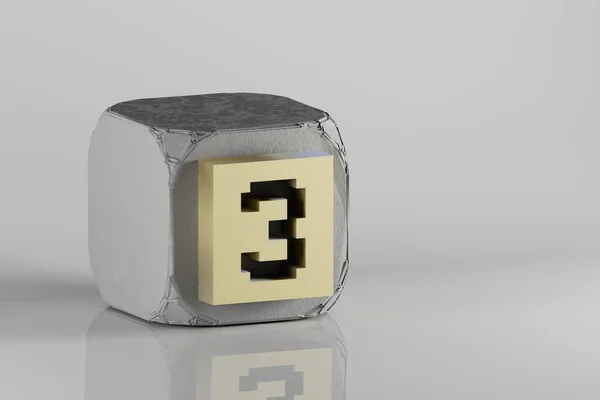 美しいゴールデンピクセル番号3 ベトンキューブと白のセラミックの背景にシンボルアイコン 3Dレンダリングイラスト デザインの背景パターン — ストック写真