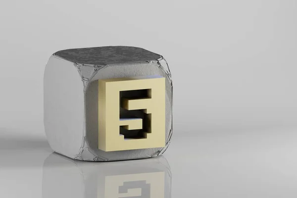 美しい黄金のピクセル番号5のアイコンは ベトンキューブと白のセラミックの背景にあります 3Dレンダリングイラスト デザインの背景パターン — ストック写真